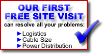 OUR FIRST FREE SITE VISIT can resolve all your problems: Logistics - Cable Size - Power Distribution
